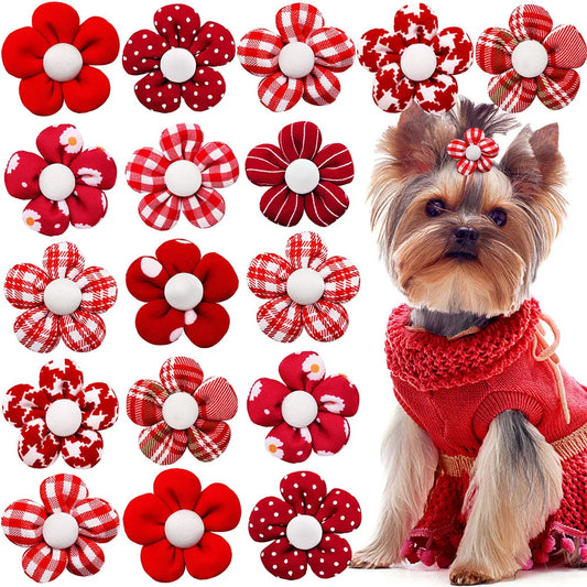 10/20pcs Flower Dog Hair Bow Red Style Valentine's Day Decorate Dog Bowknot with Rubber Bands for Small Dog Puppy Accessories