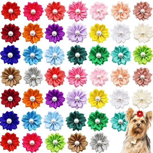 50/100/200 Pcs Flower Rubber Band Dog Hair Bows Cat Hair Accessories With Pearl Puppy Cat Dog Grooming Hair Bows Pet Topknot Bow