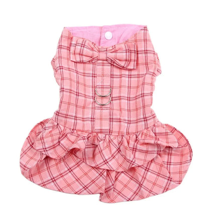 Dog Cat Dress Shirt Plaid & Bow with Matching Dog Leash Pet Puppy Skirt  Spring/Summer clothes apparel 5 sizes